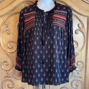 Boho Black Printed Peasant Blouse - Unbranded